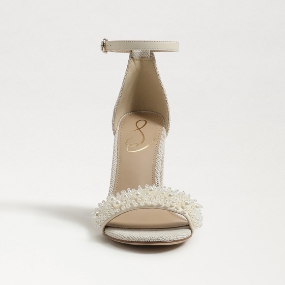 NEW Sam Edelman Sz 8Yaro Perla Open Toe Silk Tweed 4” Dazzling Heels Tan - Picture 3 of 13